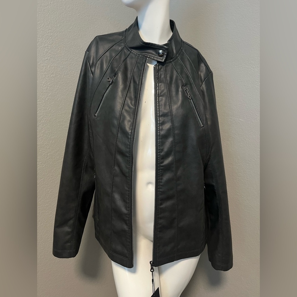 NWT TAGDOO Plus Women’s Faux Leather Dark Grey LS Zipper Moto Jacket XXL - Picture 2 of 16